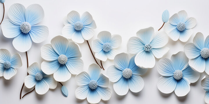 blue and white paper flowers on white background. Floral background with copy space.. Flat lay, top view. frame with paper flowers on white background