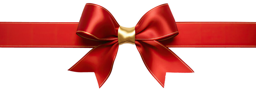lazo y cinta  de regalo rojo y dorado para  envolver regalos con centro dorado sobre fondo trasparente png. Concepto celebraciones de navidad, cumplea&ntilde;os, aniversarios, San Valentin, dia de la madre
