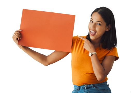 Woman, presentation and wow for poster mockup with marketing, news or education announcement. Happy student in portrait with surprise and space for opportunity isolated on transparent, png background