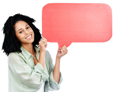 Speech bubble, portrait and woman advertising space of news, social media and sales promotion isolated on transparent png background. Happy model with poster of quote, opinion or information about us