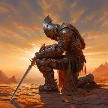 a person in armor kneels down with swords near a sunset