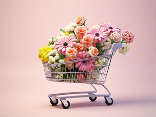 Shopping cart full of flowers, pastel pink tones.