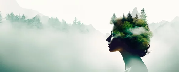 a woman's silhouette head features a background of trees and mountains, Double exposure portrait, People and nature concept.banner, wallpaper, copy space for text © XC Stock