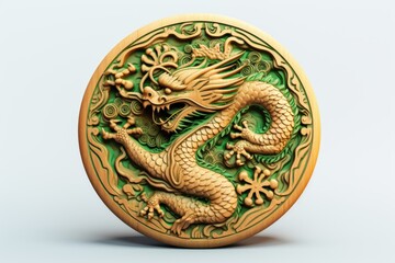 A majestic gold dragon depicted on a vibrant green and white background. Perfect for fantasy-themed designs and illustrations.
