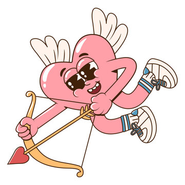 Retro groovy cartoon lovely heart cupid character with bow and arrow. Cartoon romantic 60s, 70s vintage Happy Valentine's day sticker. 