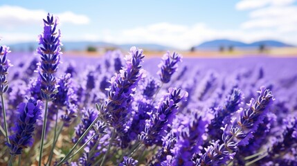 Obraz premium a field of lavender flowers with a blue sky in the background and a few clouds in the sky in the distance. generative ai