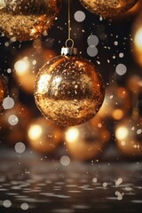 A beautiful gold Christmas ornament hanging from a string. Perfect for adding a touch of elegance to your holiday decorations.