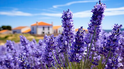 Obraz premium a field of lavender flowers in front of a house with a blue sky and a white building in the background. generative ai