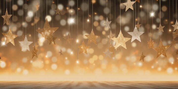 Gold stars hanging from strings in a room. Perfect for adding a touch of glamour and sparkle to any celebration or event.