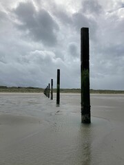 Beach with wooden posts extending out into the waters against a cloudy sky