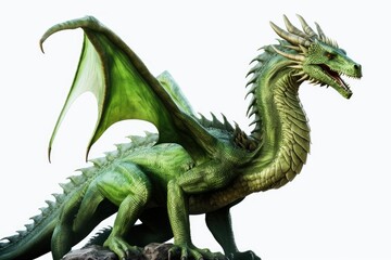 Obraz premium A green dragon statue sitting atop a rock. This image can be used to represent fantasy, mythology, or as a decorative element in a garden or outdoor space.