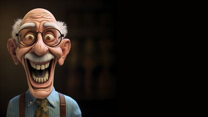 Mature man with eyeglasses having a big smile, 3D style cartoon illustration, isolated on a black background, copy space