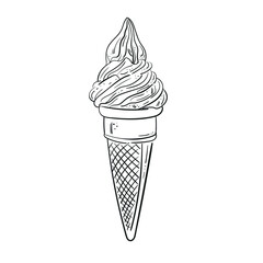 Ice cream cone line art sketch black and white. Coloring page hand drawn stock vector illustration. For web, design, advertisement