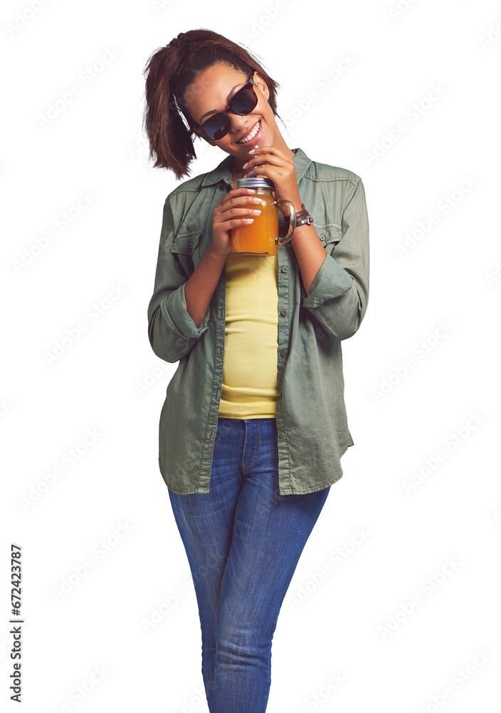 Sticker Fashion, smoothie and portrait of young woman with a stylish, cool and trendy outfit for confidence. Happy, style and female model drinking a healthy beverage isolated by transparent png background.