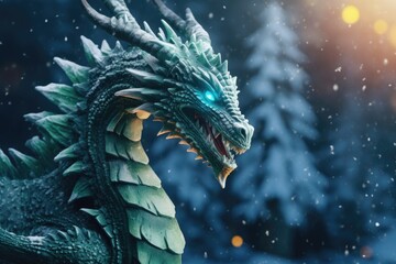 A close-up view of a dragon in the snow. This image can be used for fantasy-themed designs or to represent strength and power in a winter setting. - obrazy, fototapety, plakaty