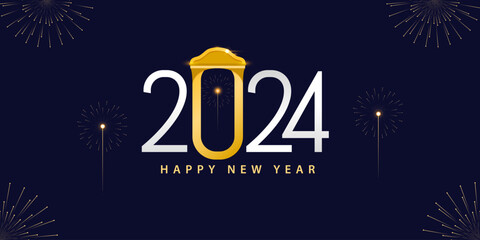Happy New Year 2024 Poster with Gold Head Watch Classic Wood and Firework Background Vector Illustration Design