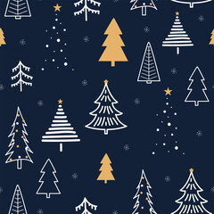 Winter seamless pattern with Christmas trees and snowflakes in doodle style. Design for wallpapers, wrapping, cards, fabric, textile and other.