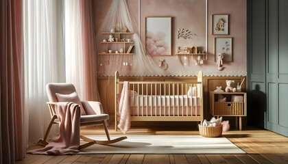 Modern interior baby room design in pink and white colour style, aesthetic luxury children room concept background