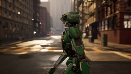 robot walking along a deserted street in a big city. humanoid AI robot crossing street. 3d animation. future automation job.