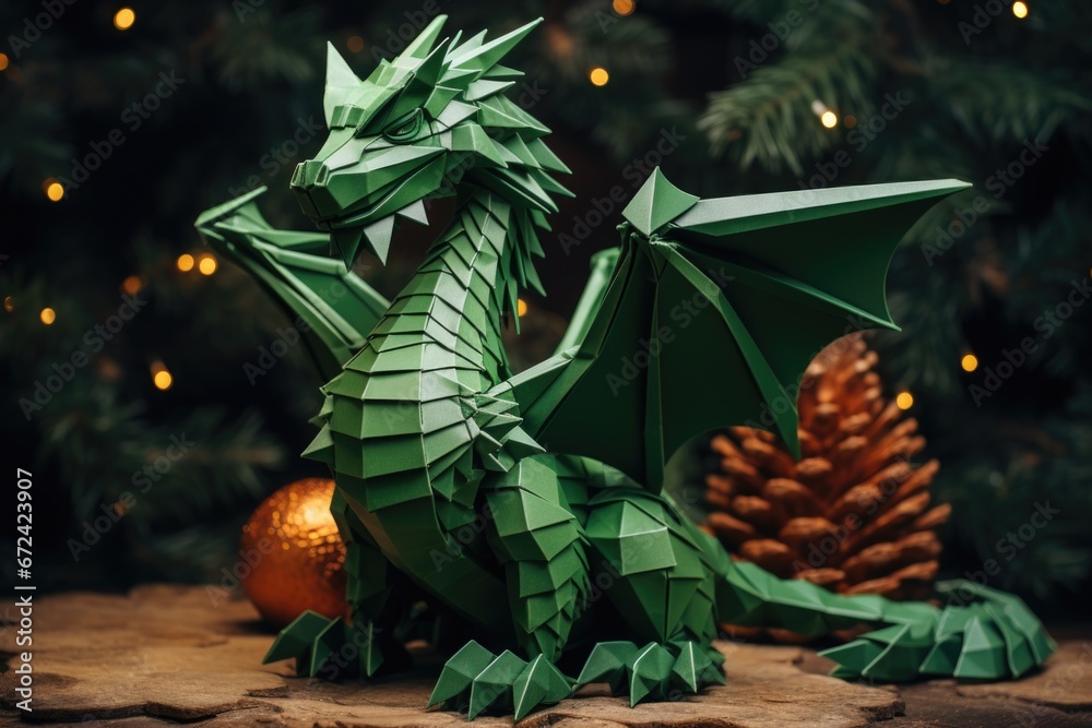 Poster A green origami dragon sits next to a pine cone. This unique and artistic image can be used for various creative projects and designs.