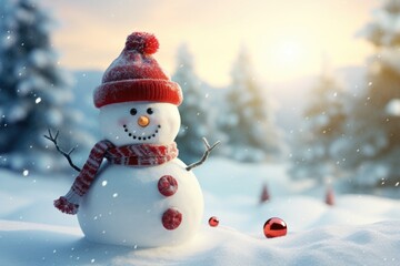 Fototapeta premium A charming snowman wearing a red hat and scarf, standing in the snow. Perfect for winter-themed designs and holiday greetings.