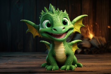 Fototapeta premium A green toy dragon sitting on top of a wooden floor. Perfect for children's playtime or fantasy-themed designs.