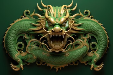 Obraz premium A captivating image of a dragon head, beautifully crafted in green and gold, mounted on a green wall. This unique and striking artwork will add a touch of mystique and fantasy to any space.