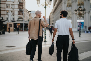 Confident executives discuss project details and review documentation outdoors in the urban city. Their teamwork and communication drive successful business outcomes.