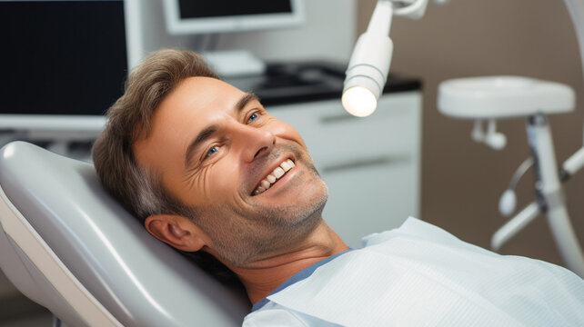 A man lies at the dentist and smiles