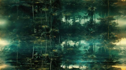  a digital painting of a tropical scene with palm trees and a body of water in the middle of the picture.  generative ai