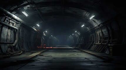  a dark tunnel with a light at the end of the tunnel and a red light at the end of the tunnel.  generative ai