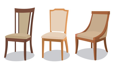 Collection of flat design chairs of various variation, modern wooden chairs. Vector illustration