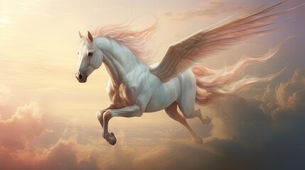 Obraz na płótnie Canvas a digital painting of a white horse with wings flying through the air in a cloudy sky with a sunset behind it. generative ai