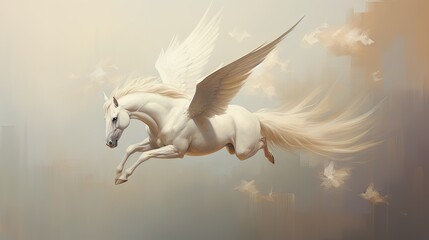  a painting of a white horse with white wings flying through the air with a city in the distance behind it.  generative ai