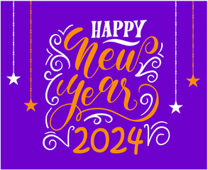Naklejka na ściany i meble 2024 Happy New Year Holiday Abstract Orange And White Design Vector Logo Symbol Illustration With Purple Background