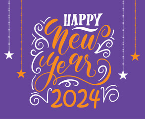 2024 Happy New Year Holiday Abstract Orange And White Design Vector Logo Symbol Illustration With Purple Background