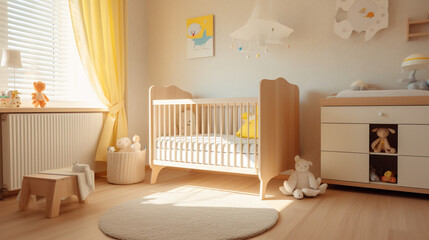 Beautiful interior of baby room with crib. generative ai