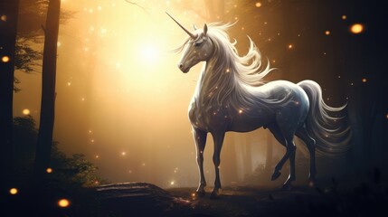 Obraz na płótnie Canvas a white unicorn standing in the middle of a forest with a bright light shining on it's back end. generative ai