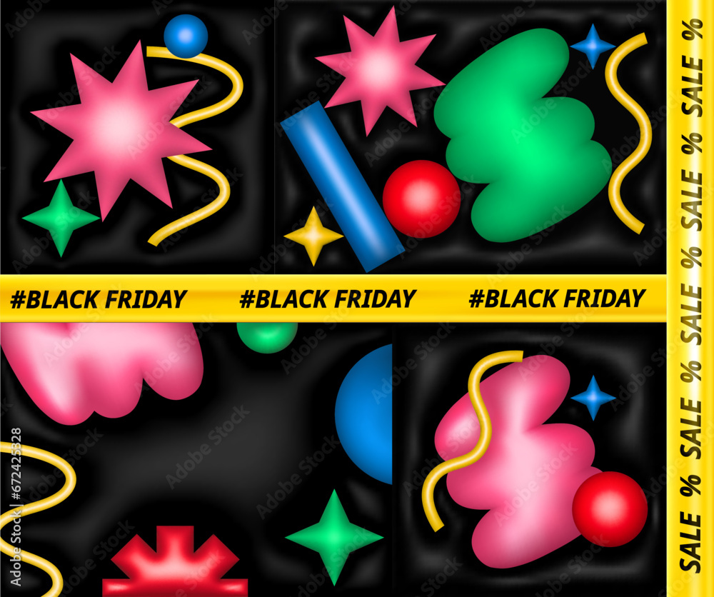 Poster Y2k Style 3d Colorful Geometric Shapes on Black Background. Vector Memphis Futuristic Pattern. Modern Graphic Design for Black Friday Sale. Funny Contemporary Art