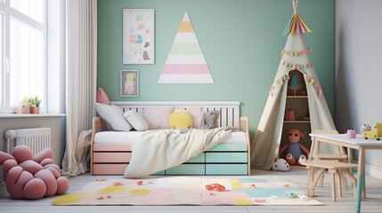 Bed with colorful linen in stylish children room. Interior design. generative ai