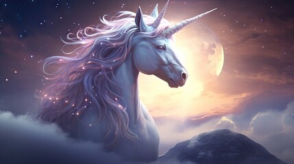  a unicorn standing on top of a cloud covered mountain under a moon filled sky with stars and a full moon behind it.  generative ai - obrazy, fototapety, plakaty