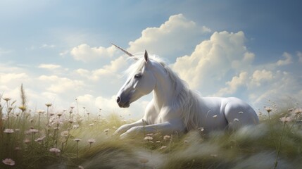 Obraz na płótnie Canvas a white unicorn laying down in a field of flowers with a long horn in its's's hair. generative ai