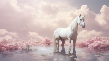 Obraz na płótnie Canvas a white unicorn standing in the middle of a pond of water with pink flowers in the background and clouds in the sky. generative ai