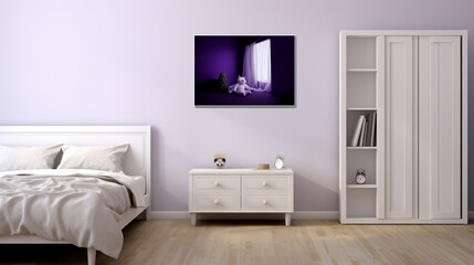 Fototapeta na wymiar bed between white cabinet and violet tear pillow on cupboard in bedroom with gallery. generative ai