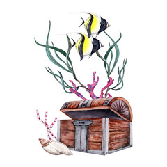 Two Black and Yellow Idol fishes,  seaweed and  purple coral, opened treasure chest. Hand drawn watercolor illustration on transparent background. Part of tropical coral reef underwater collection.