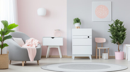 scandi style girl bedroom with pink chic chair, and a white circular carpet. generative ai