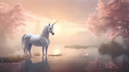 Obraz na płótnie Canvas a white unicorn standing in the middle of a body of water with flamingos in the background and a sunset in the background. generative ai