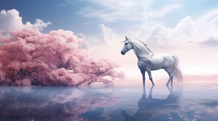  a white horse standing in the middle of a body of water next to a tree with pink flowers on it.  generative ai