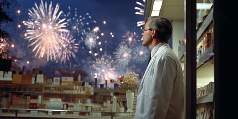 Pharmacist watching fireworks through pharmacy window.