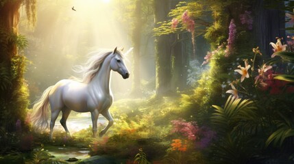 a white horse standing in the middle of a forest filled with flowers and a bird flying over the top of it.  generative ai